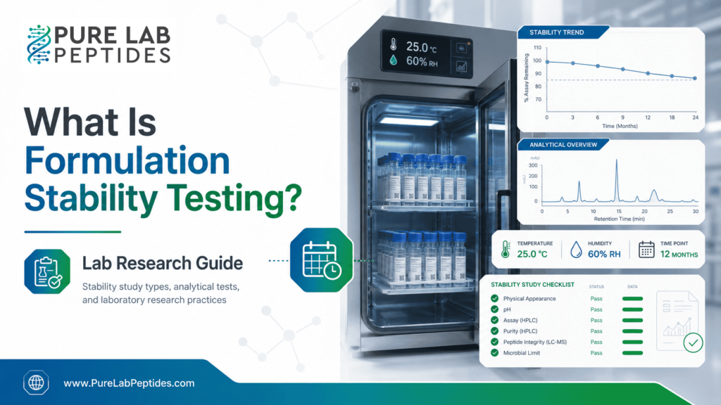 Lab research guide graphic showing formulation stability testing and analytical review context